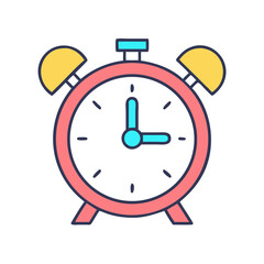 Stylized cartoon alarm clock with yellow bells and blue accents