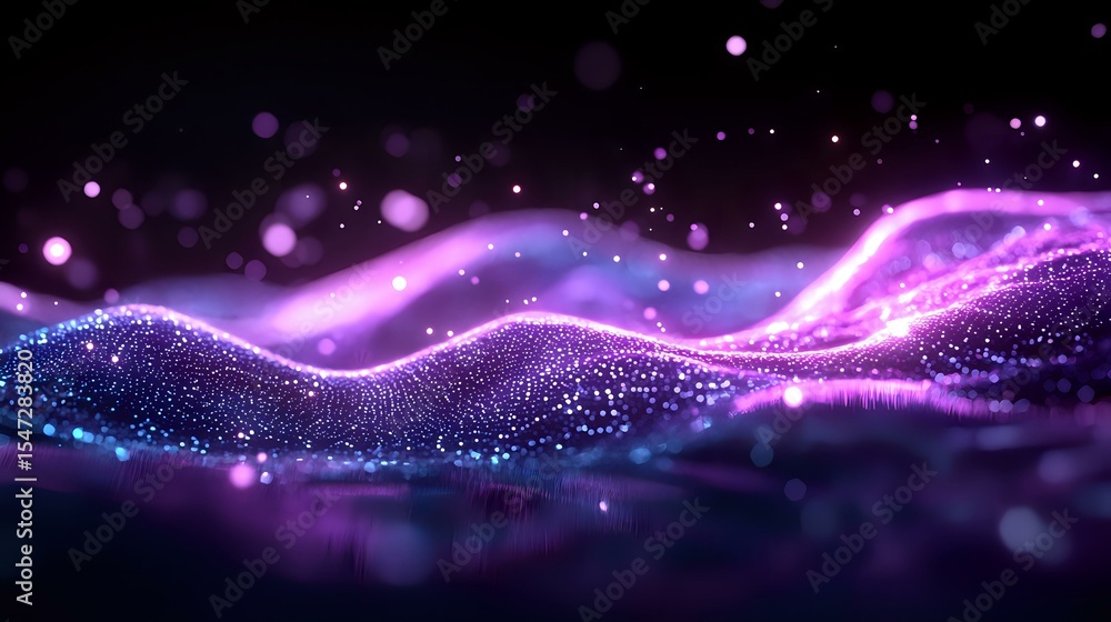 Poster abstract glowing waves with sparkling particles in purple and blue colors against dark background cr