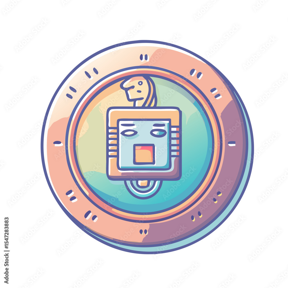 Poster stylized ancient tech coin with a digital head on a golden disk