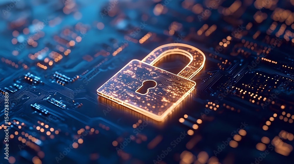 Poster glowing padlock icon on computer circuit board representing cybersecurity, data protection, and digi