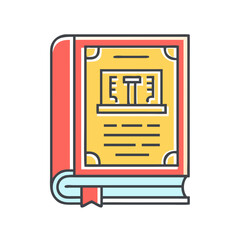 Colorful illustration of an antique book with ornate design and ribbon marker