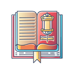 Open book with a bookmark and illustration of a golden lamp inside