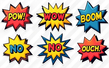 Comic sound effect speech bubbles - pow, wow, boom, bang, no and ouch. Colorful cartoon balloons in pop art style with halftone design. Funny stickers with onomatopoeia expressions collection.