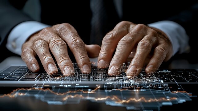 African American male hands typing on illuminated keyboard with financial data and stock market charts displayed, dramatic lighting creates professional atmosphere.