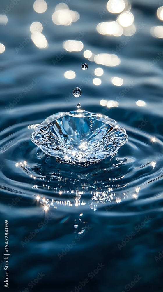 Poster macro photography of water drop impact creating crown splash formation with bokeh light effects on b