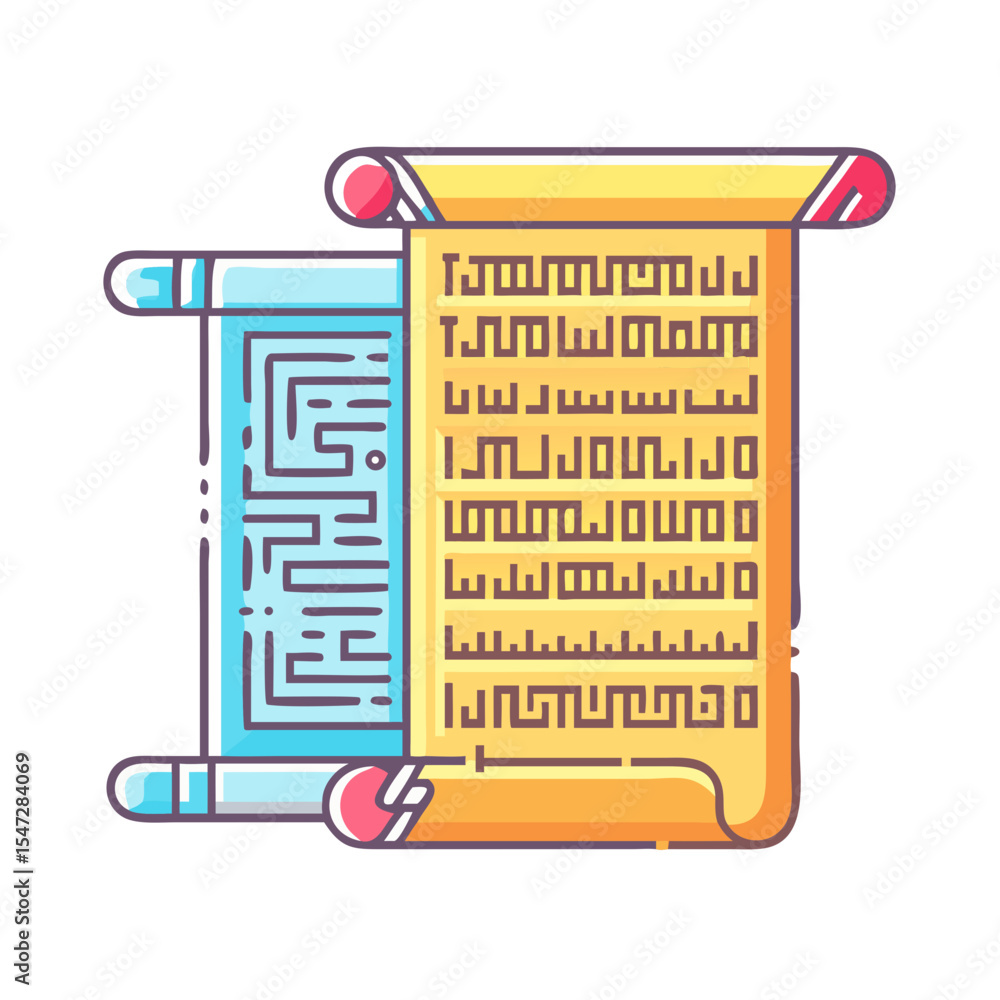 Poster ancient scrolls with abstract characters representing historical documents and lore