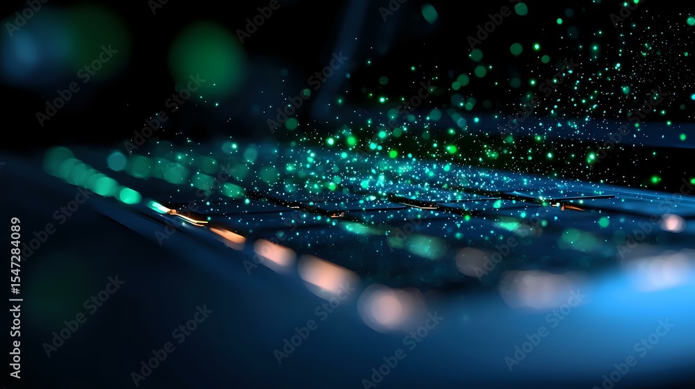 Poster magical green and blue glowing particles floating in dark space with bokeh light effect creating eth