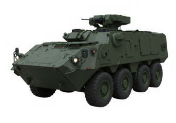 Olive drab armored vehicle isolated on a transparent background. Military equipment and technology.