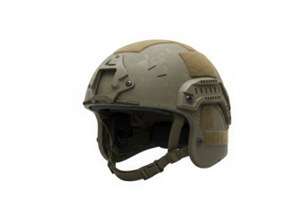 Olive drab tactical helmet with adjustable straps and modular attachment points for accessories use