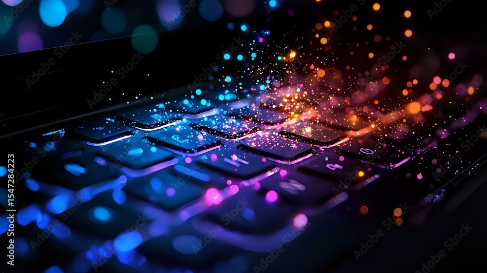 Poster illuminated computer keyboard with colorful glowing particles floating above keys creating magical g
