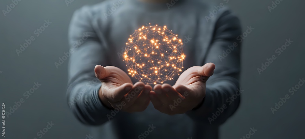 Poster glowing sphere of connected light dots floating between hands against dark background, symbolizing d
