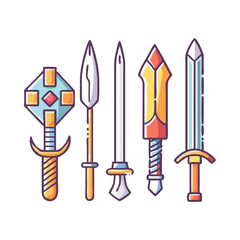 A collection of fantasy medieval weapons including swords, a spear and a mace