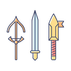 Vector illustration of fantasy weapons a crossbow, sword, and battle axe