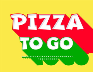 Vector Promo banner Pizza To Go. 3D Font with Big Shadow. Trendy Cool Alphabet Letters and Numbers set.