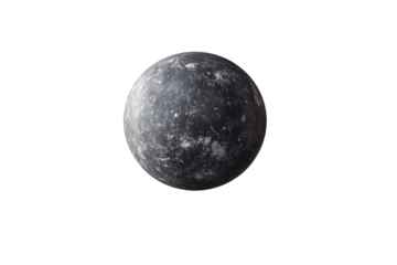 Large, dark grey planet is floating in space, isolated