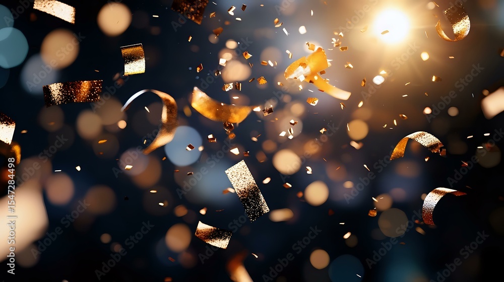 Poster glowing golden confetti and ribbons floating in dark space with bokeh light effects and sparkles cre