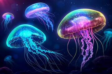 Obraz premium Glowing bioluminescent jellyfish in vibrant deep sea scene