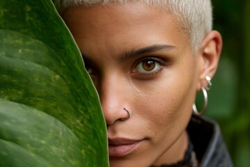 Young african female with short hair and nose ring partially concealed by large leaf