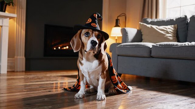 Cute beagle dog dressed in a witch hat and Halloween pumpkin costume sitting on wooden floor in cozy living room with sofa and fireplace, celebrating autumn holiday with festive decor