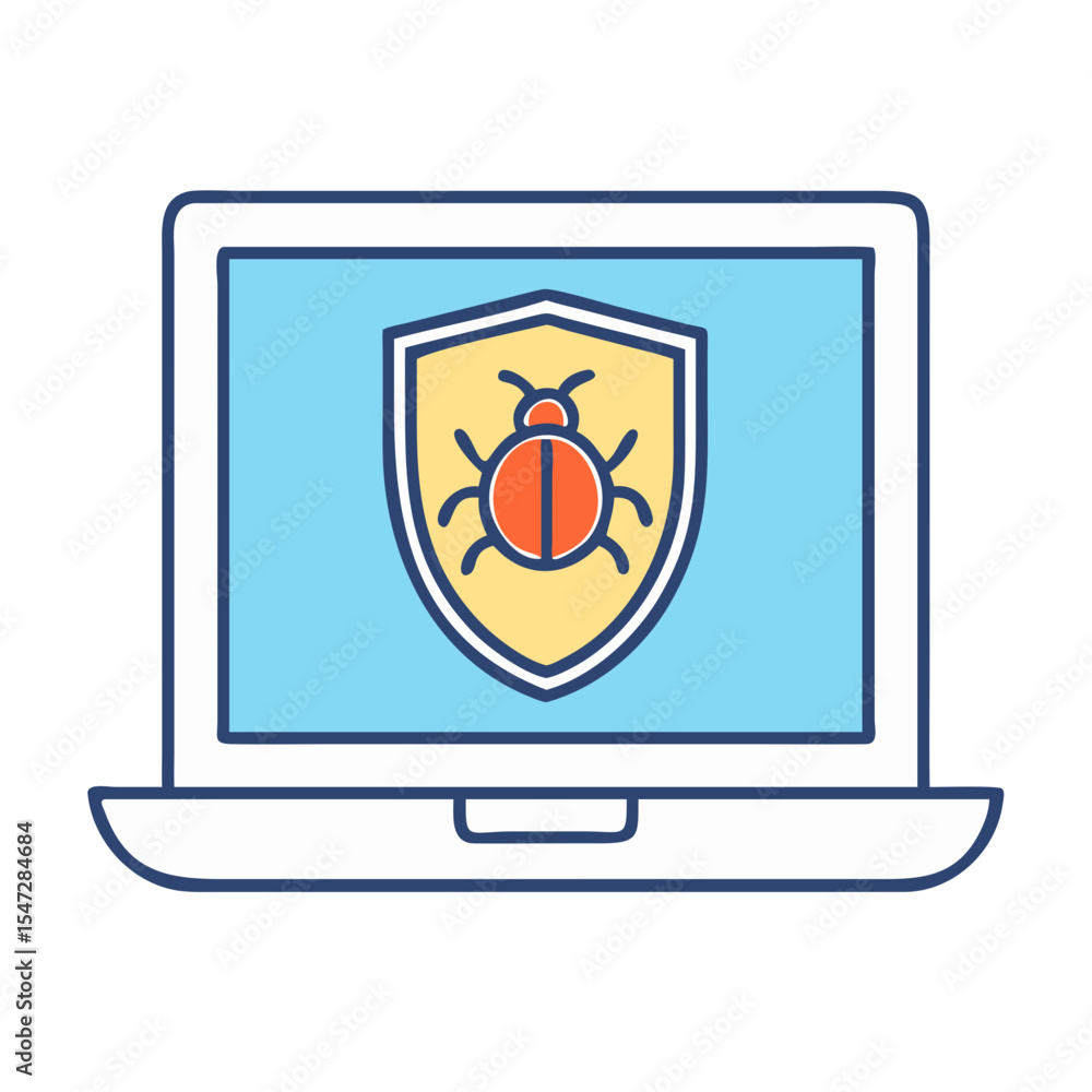 Poster laptop computer with a shield showing virus bug for antivirus protection