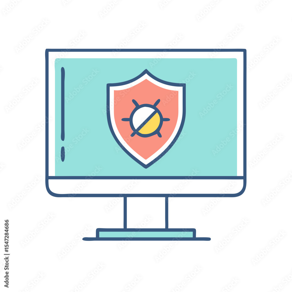 Poster illustration of a secure computer screen with a virus protection shield