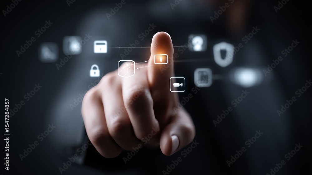 Poster a man engages with virtual symbols, making contact with a luminous spot on a dark backdrop, surround