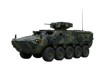 A camouflaged, standard military vehicle exhibits strength against a transparent backdrop effect.