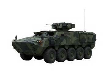 A camouflaged, standard military vehicle exhibits strength against a transparent backdrop effect.