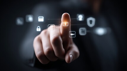 A man engages with virtual symbols, making contact with a luminous spot on a dark backdrop, surrounded by various technology and business-related icons that hover around him