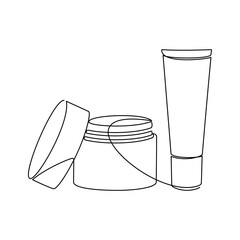 Hand drawn cream container vector. One line continuous drawing. Minimal fashion print, linear silhouette icon. Cosmetics skin care product, balm, lotion, abstract doodle illustration.
