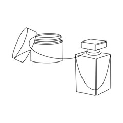 Hand drawn perfume bottle and cream tube vector. One line continuous drawing. Beauty icon. Minimal makeup print, cosmetic banner, card, poster, brochure, cosmetics logo.