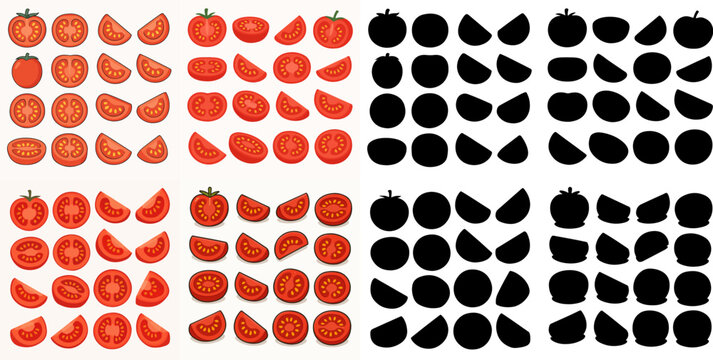 Vector Set Cartoon chopped tomatoes and silhouette, red vegetable slices. Tomato half, fresh red tomatoes slice, organic vegetables with yellow seeds flat vector illustration set.