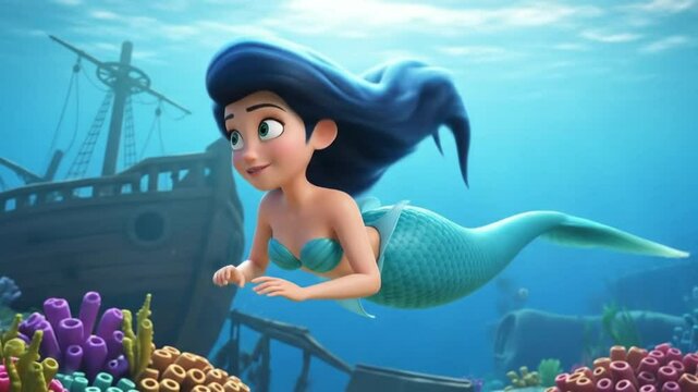 Mermaid Fantasy Adventure: Cute Cartoon Princess with Long Blue Hair, Starlight Magic, Ocean Waves, and Elegant Fairy Tale Romance in a Vibrant, Modern, and Sweet Animated Sea World Full of Charm and 