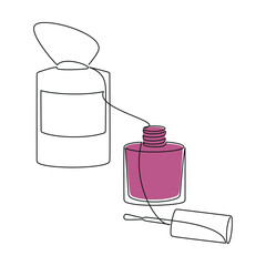 Hand drawn perfume bottle and pink nail polish vector. One line continuous drawing. Linear icon silhouette, beauty fashion print, banner, card, wall art poster, doodle illustration, fragrance, spray.