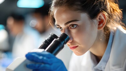 Scientific Discovery: A dedicated scientist peers intently through a microscope, meticulously examining samples in a cutting-edge laboratory environment.