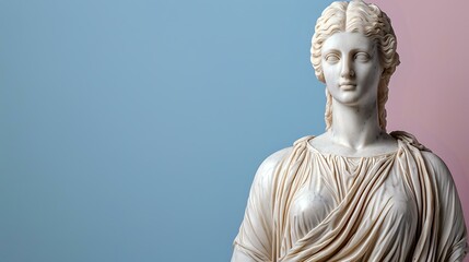 White marble classical sculpture of female figure in draped toga against gradient blue and pink background, highlighting ancient Greek and Roman art heritage.