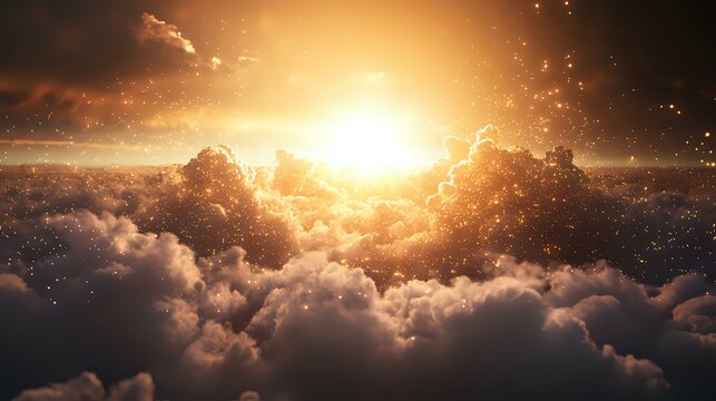 Dramatic sunset above fluffy clouds with glowing sunburst and light particles creating magical atmospheric scene in golden and dark tones.
