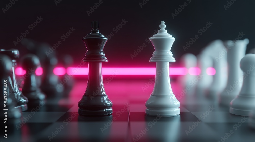 Poster a chess game is set with a glowing king piece as the central focus on a checkered board, surrounded 