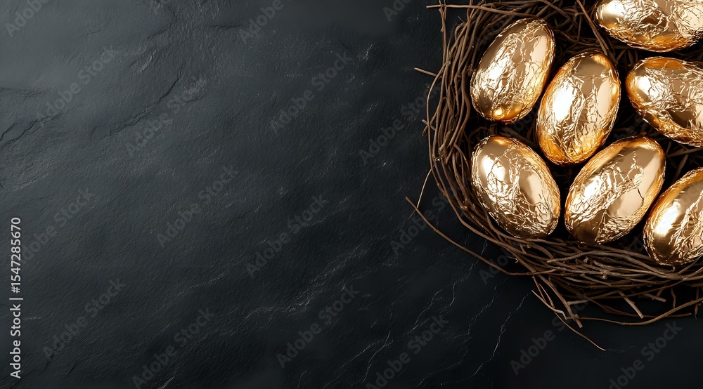 Poster golden easter eggs in rustic nest on dark slate background with copy space. festive spring holiday c