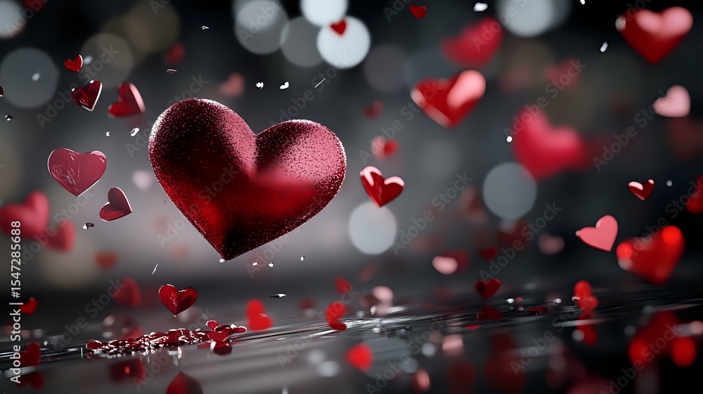 Poster red heart floating in dark space with bokeh lights and scattered smaller hearts creating romantic at