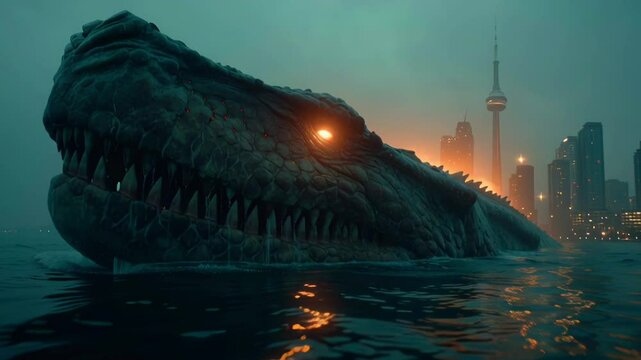 Massive sea monster with glowing eye and sharp teeth rises from the ocean, dwarfing a modern cityscape at twilight