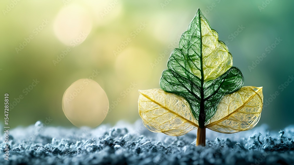 Poster glowing translucent leaves arranged in tree shape on frost covered ground against blurred bokeh back