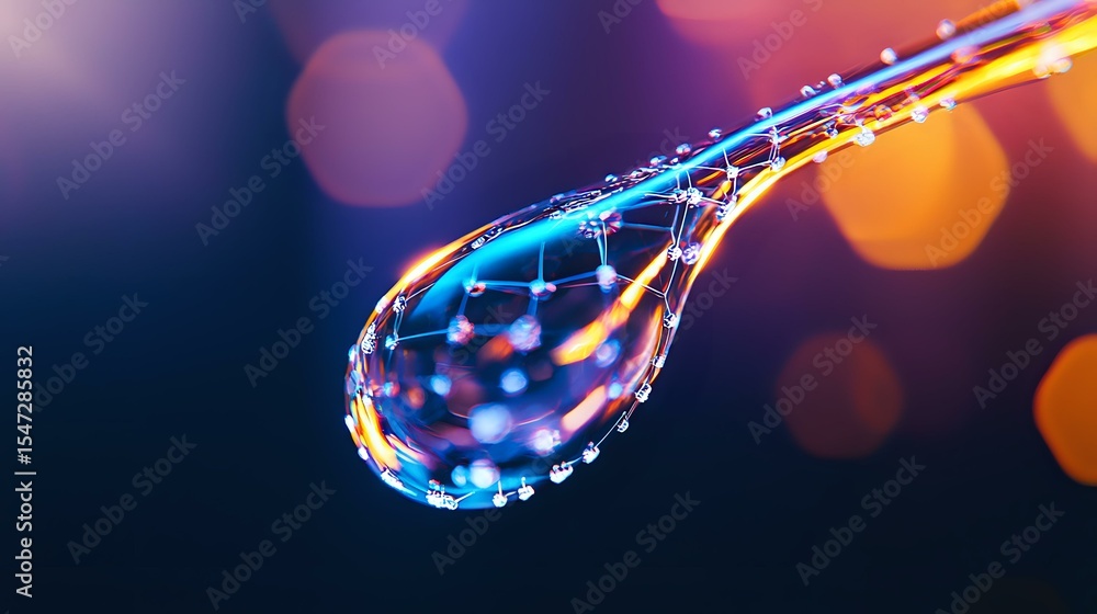 Poster macro photography of water drop with colorful bokeh lights reflecting and refracting through crystal