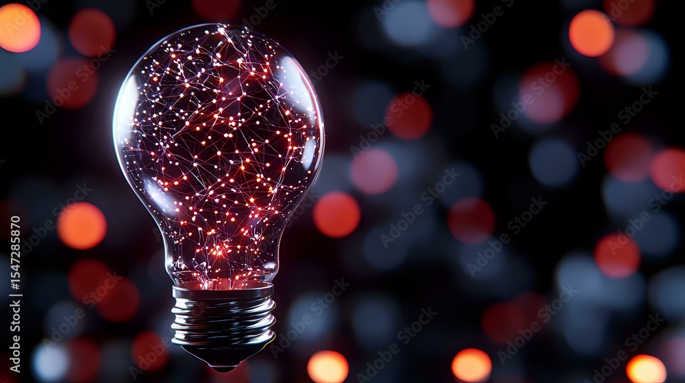 Poster glowing light bulb filled with red sparkles and glitter against dark background with bokeh lights cr