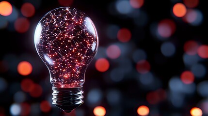 Glowing light bulb filled with red sparkles and glitter against dark background with bokeh lights creates magical atmosphere for creative design projects.