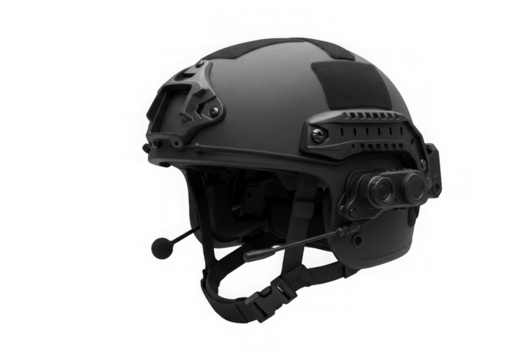 Black tactical helmet showing advanced features in studio lighting, ready for digital composition