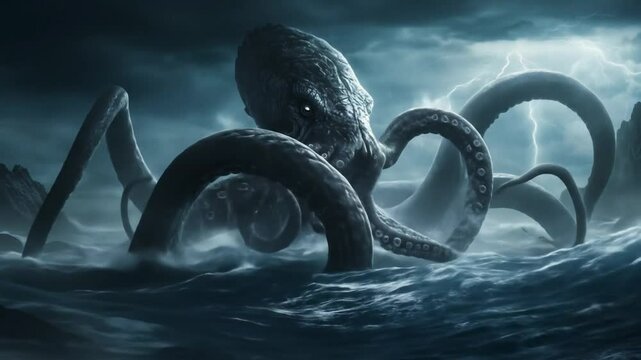 Epic Kraken A Digital Painting of a Mythical Sea Monster in a Stormy Ocean