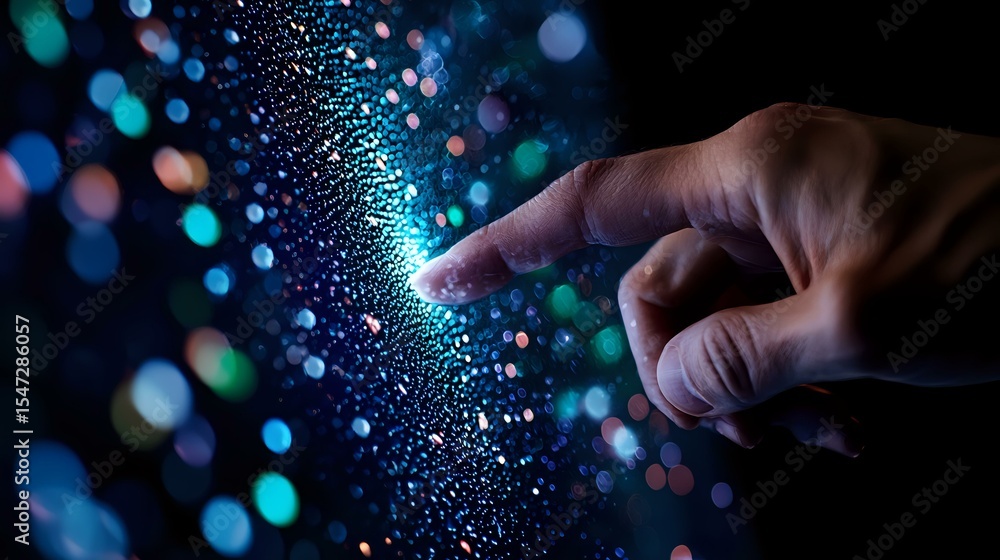Poster finger touching glowing digital particles with blue bokeh light effect, creating magical connection 