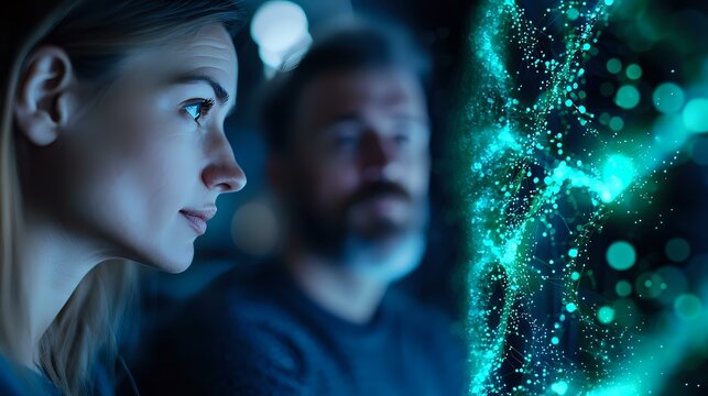 Young Caucasian woman and bearded man looking at glowing turquoise DNA helix hologram in dark laboratory, futuristic genetic research visualization.
