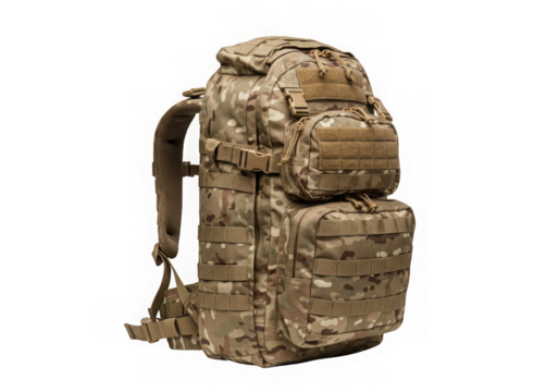 Camo backpack featuring a transparent effect and visible texture for digital design use